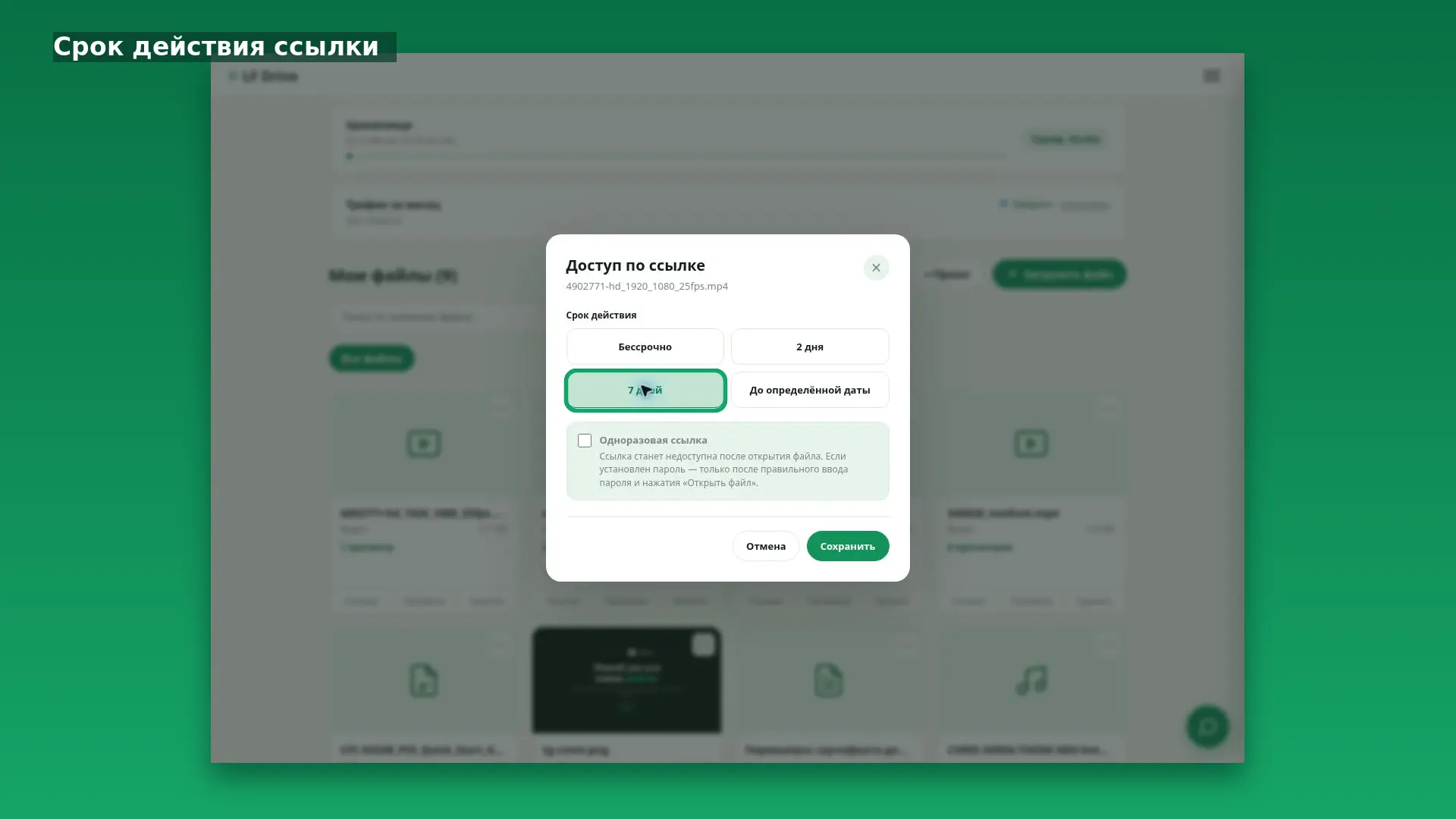 Интерфейс LF Drive: Срок действия ссылки